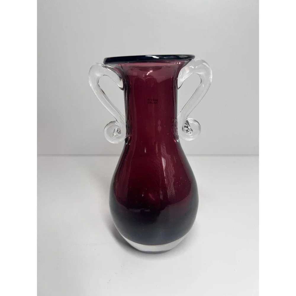 Vintage Amethyst Purple Glass Vase Made in Poland Clear Scroll Handles 6 In. MCM